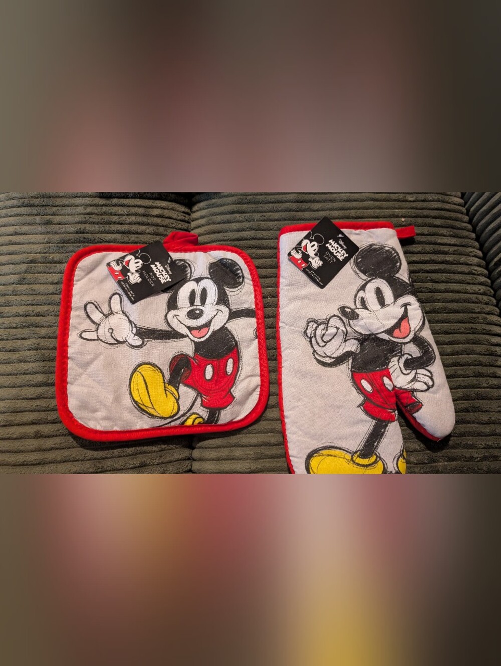 2 Disney Mickey Mouse Red and Yellow Kitchen Pot Holder Set.